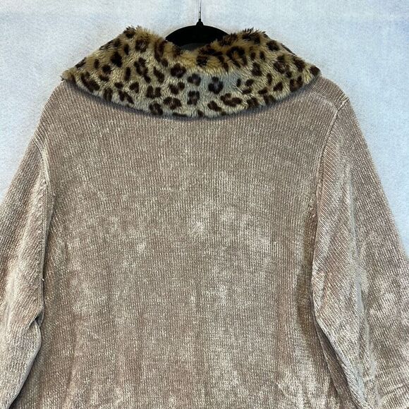 STORYBOOK KNITS Cardigan Sweater Women's 2X Tan Faux Fur Animal Print Trim - Picture 10 of 13